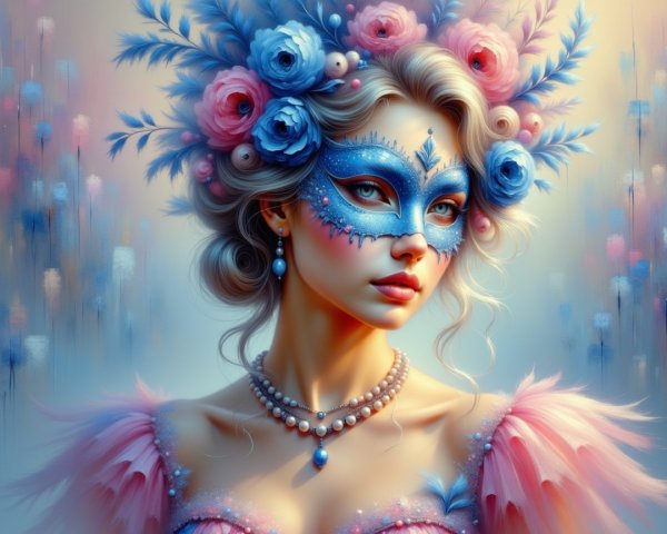 Woman in Blue Mask with Floral Hair and Pastel Background