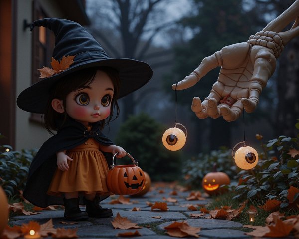 Whimsical Halloween Scene with Witch Doll and Pumpkins
