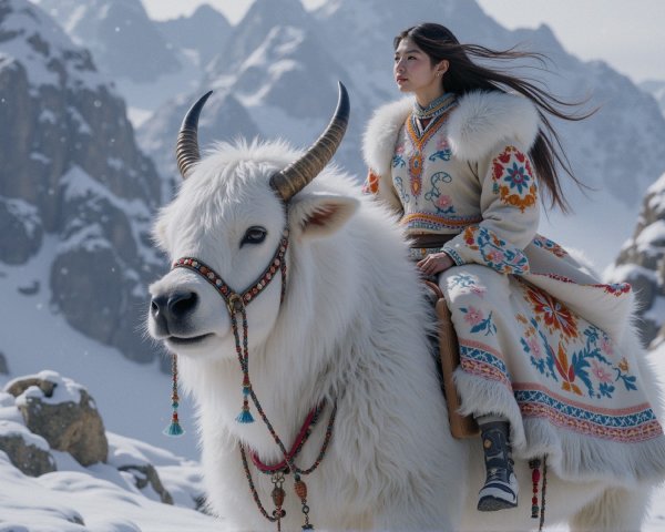 Young Woman in Traditional Attire on White Yak in Snow