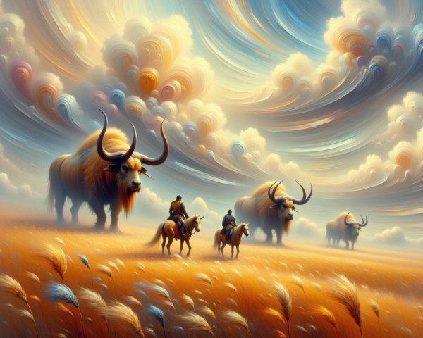Surreal Landscape with Buffaloes and Dreamlike Sky