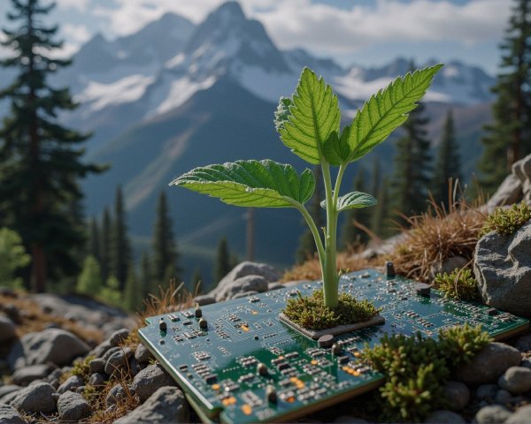 Green Plant on Circuit Board Amidst Mountain Landscape