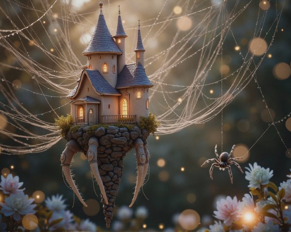 Charming Castle Surrounded by Spider Silk in Fairy Tale Scene