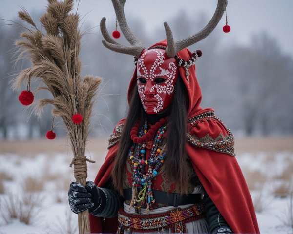 Red Hooded Figure in Snowy Field with Antlers and Pom-Poms