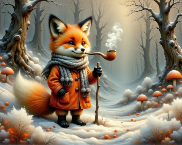 Whimsical Winter Forest with Fox in Cozy Attire