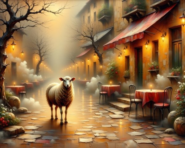 Charming Cobblestone Street with Outdoor Dining and Sheep