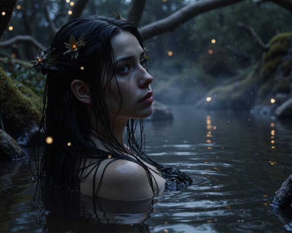 Misty Forest Scene with Young Woman and Flower Crown