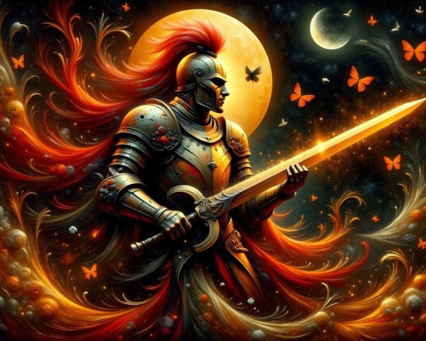 Majestic knight in ornate armor with glowing sword