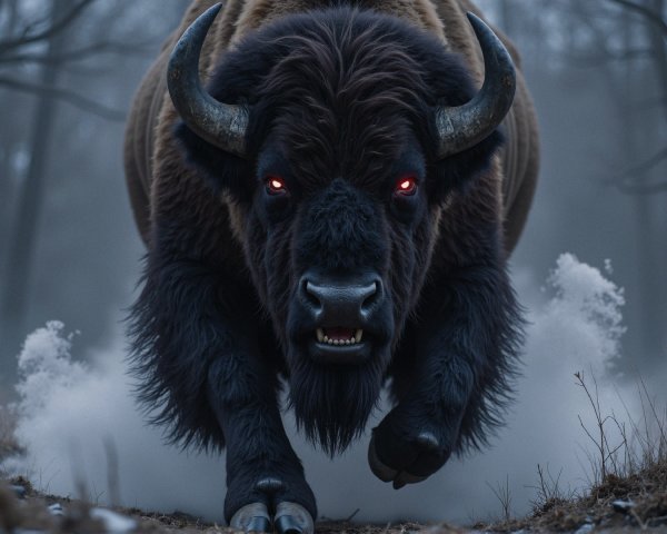 Bison Charging in Misty Winter Forest Scene