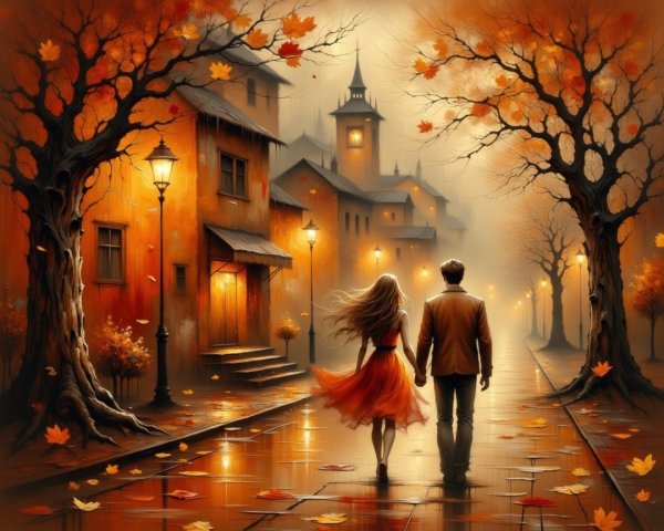 Romantic Autumn Stroll on a Misty Cobblestone Street