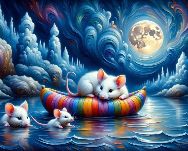 Three Mice in Moonlit Waterscape Illustration
