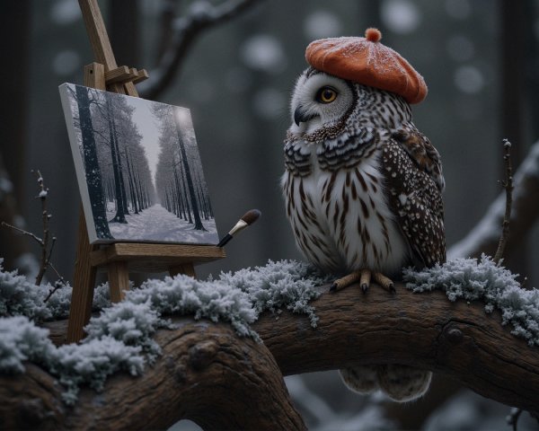 Owl in Beret by Winter Landscape Painting in Forest