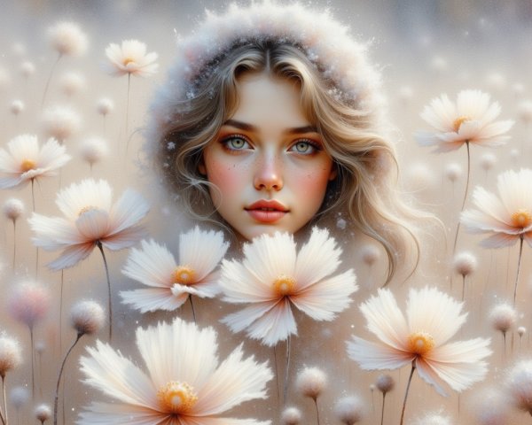 Young Woman Surrounded by Pink and White Flowers