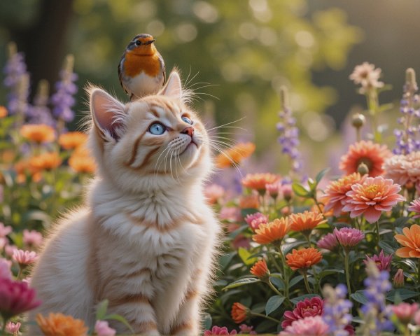 Cream Cat with Blue Eyes in Colorful Flower Garden