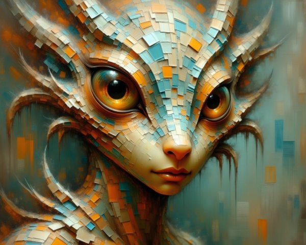 Humanoid figure with colorful tiled face and spiky hair