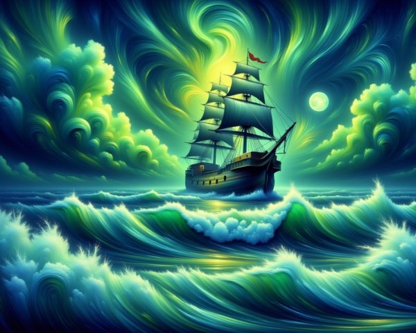 Sailing Ship Navigating Turbulent Waves at Night