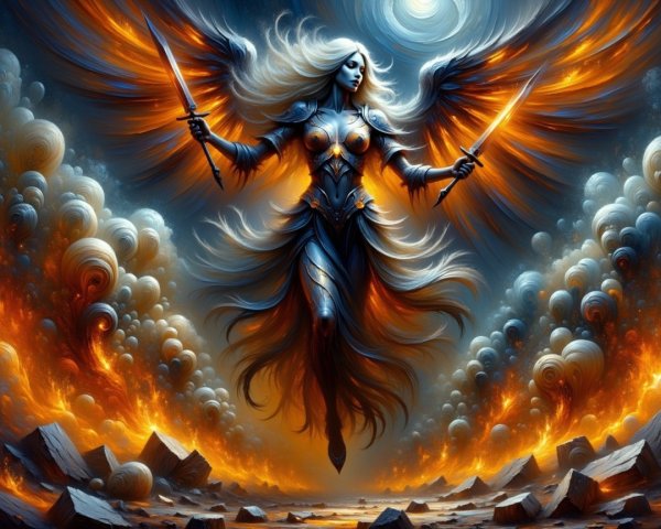 Fierce Warrior Angel with Swords and Fiery Wings