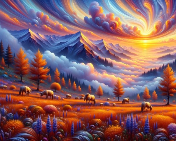 Vibrant Landscape with Sunset, Mountains, and Horses