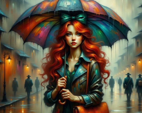 Young woman with red hair under umbrella in misty street