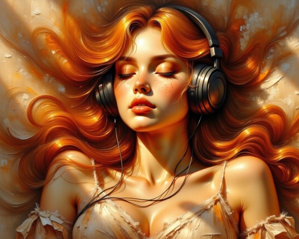 Serene Young Woman with Orange Hair and Headphones