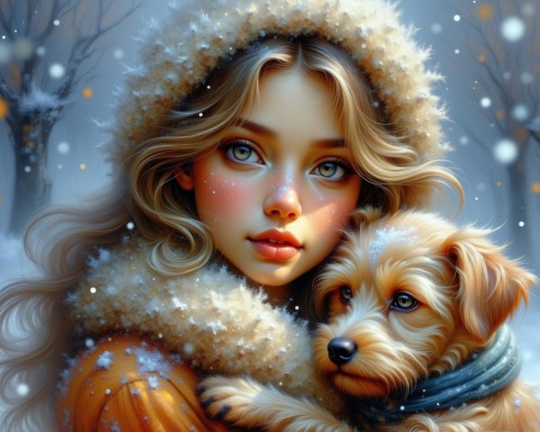 Young woman in snowy landscape with fluffy dog