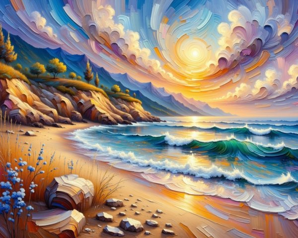 Vibrant Sunset Over Tranquil Beach and Lush Shoreline