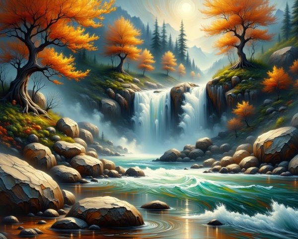 Cascading Waterfall in Autumn Landscape with Mist