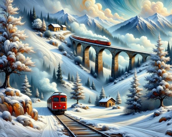 Winter Landscape with Snowy Mountains and Trains
