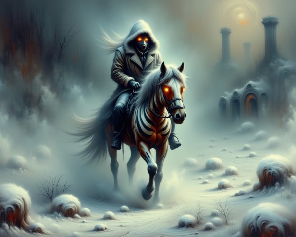 Mysterious Figure on Spectral Horse in Foggy Landscape