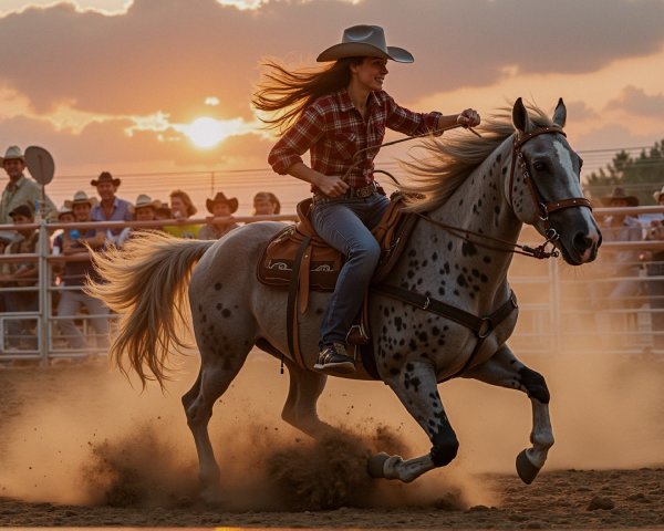 Young Woman Riding Gray Horse at Sunset Rodeo