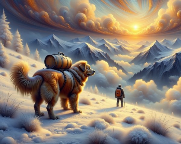 Fluffy Golden Dog and Hiker on Snowy Mountain Trail