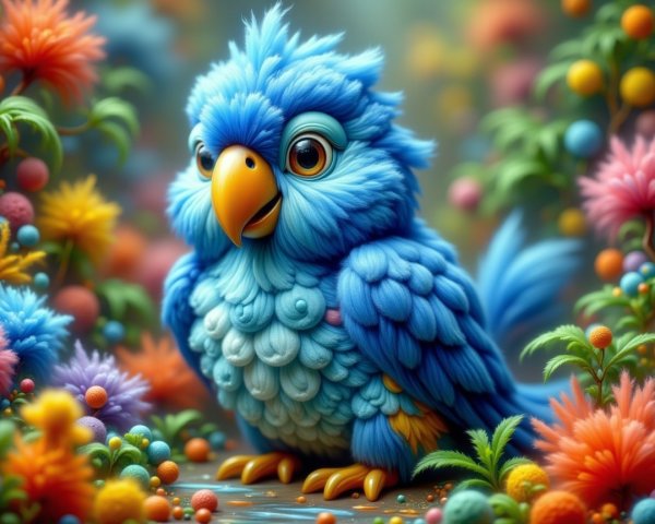 Cartoon Blue Bird in Colorful Floral Landscape