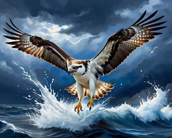 Osprey Flying Over Turbulent Ocean Waves and Clouds