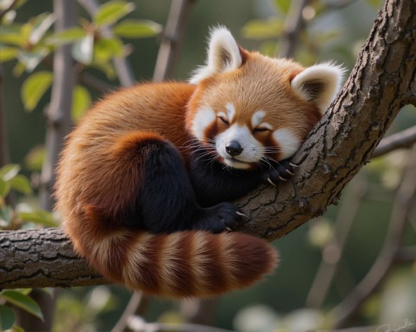 Red Panda Sleeping on Tree Branch in Natural Habitat