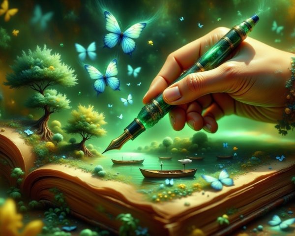 Fountain Pen Above Book Illustrating Nature Scenes