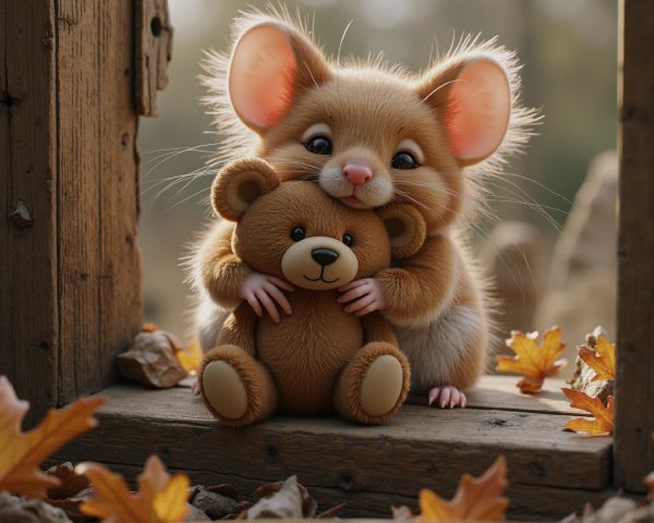 Fluffy Mouse Cuddling Teddy Bear in Cozy Setting
