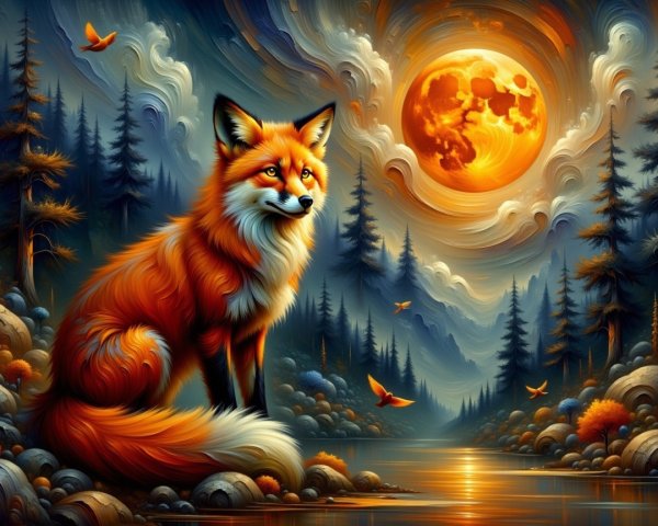Fox on Rocky Shore Under Golden Moonlight