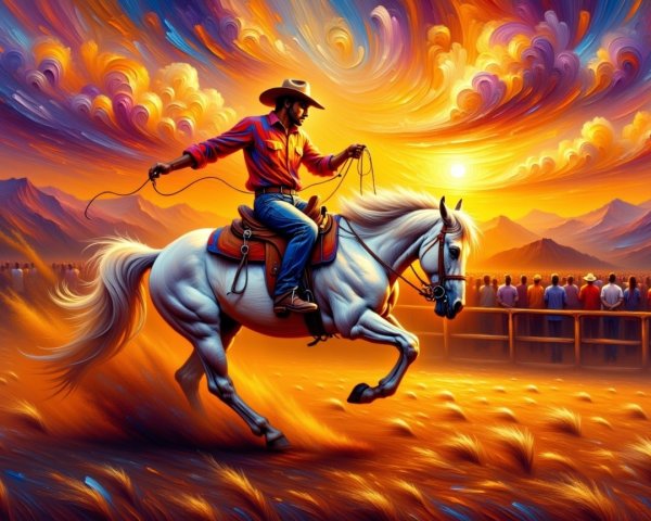 Sunset Over Cowboy Riding White Horse with Mountains