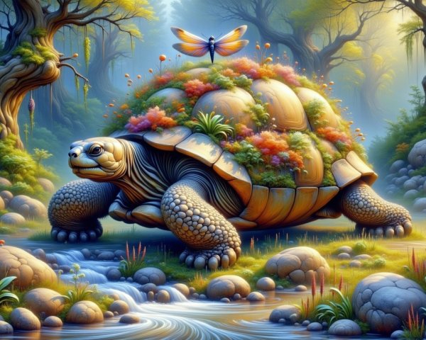 Tortoise in Flowered Forest with Butterfly and Stream