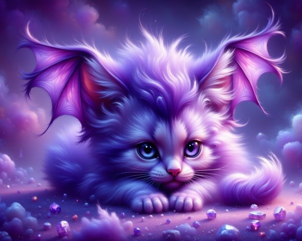 Adorable kitten with purple fur and bat-like wings