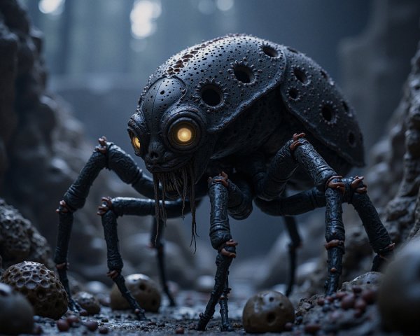 Robotic Spider Creature in Dimly Lit Rocky Setting