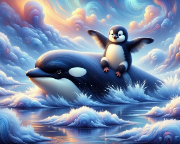 Playful Penguin and Whale in Colorful Ocean Scene