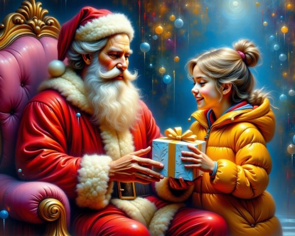 Cheerful Santa Claus with a girl and festive decorations