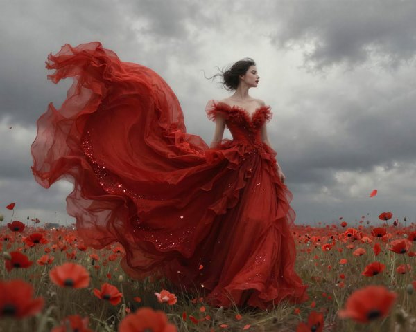 Young Woman in Flowing Red Gown in Poppy Field