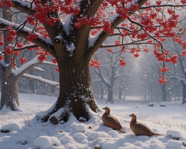 Winter Landscape with Ducks and Snowy Trees