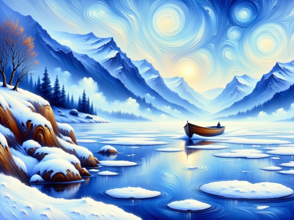 Serene Winter Landscape with Lake and Snowy Mountains