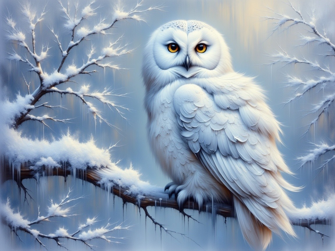White Owl on Snowy Branch in Frosty Landscape