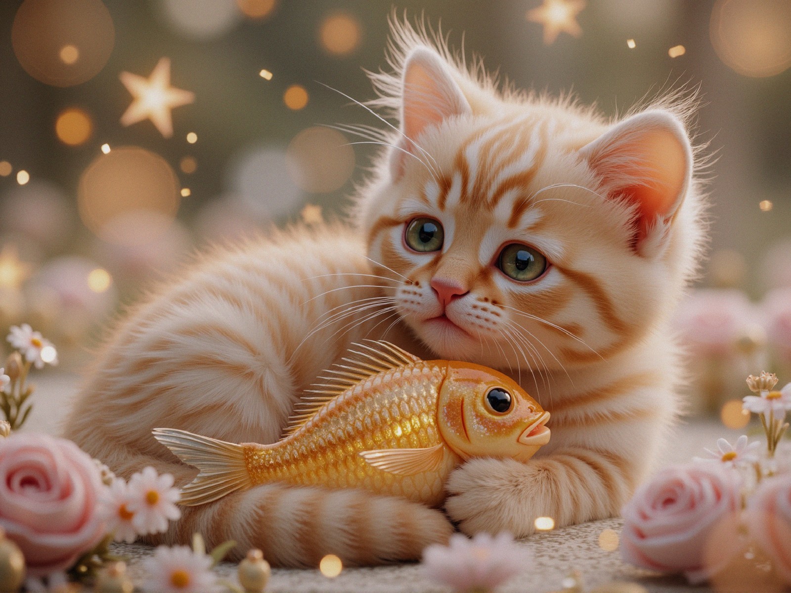 Fluffy Tabby Kitten with Koi Fish on Light Surface