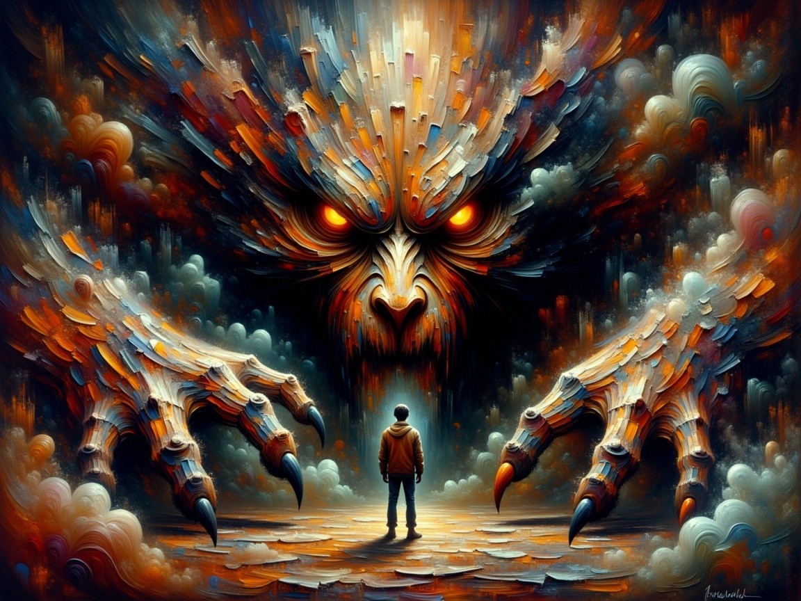 Solitary Figure Confronts Colossal Menacing Creature