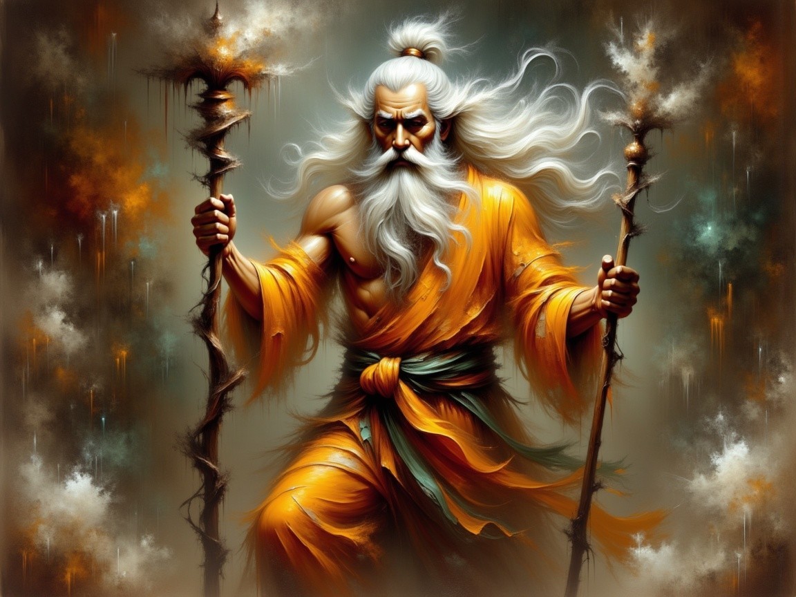 Majestic figure in orange robes with flowing white hair