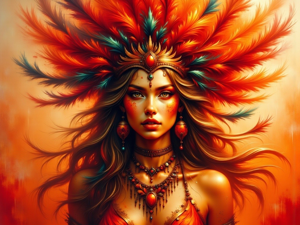 Portrait of a woman with feather headdress and jewelry